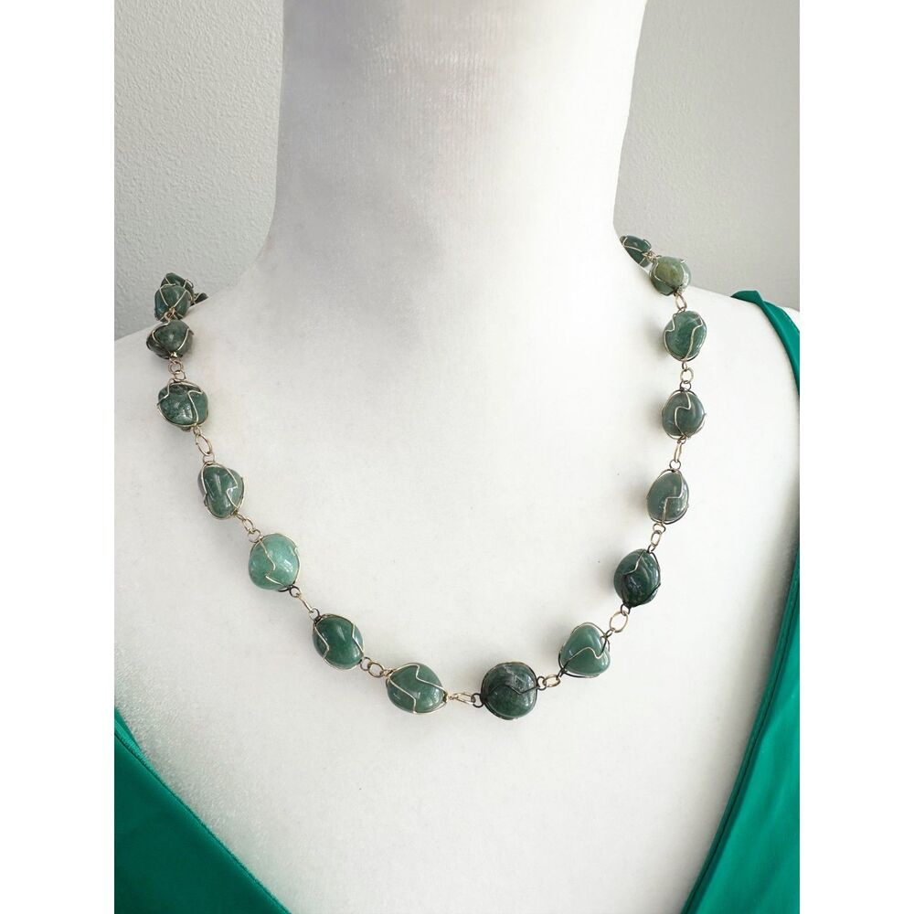 Vintage Green Aventurine Gemstone Necklace 30" Gold Tone Wire Wrap